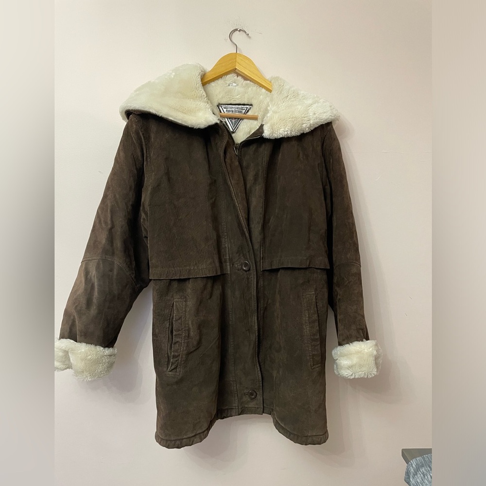 J.G. Hook Brown Genuine Suede Faux Fur Lined Hooded Coat sz M